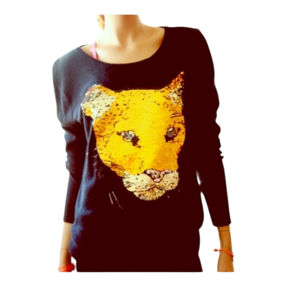 Wildfox White Label Black Knit Sequin Panther Sweater Pullover XS
